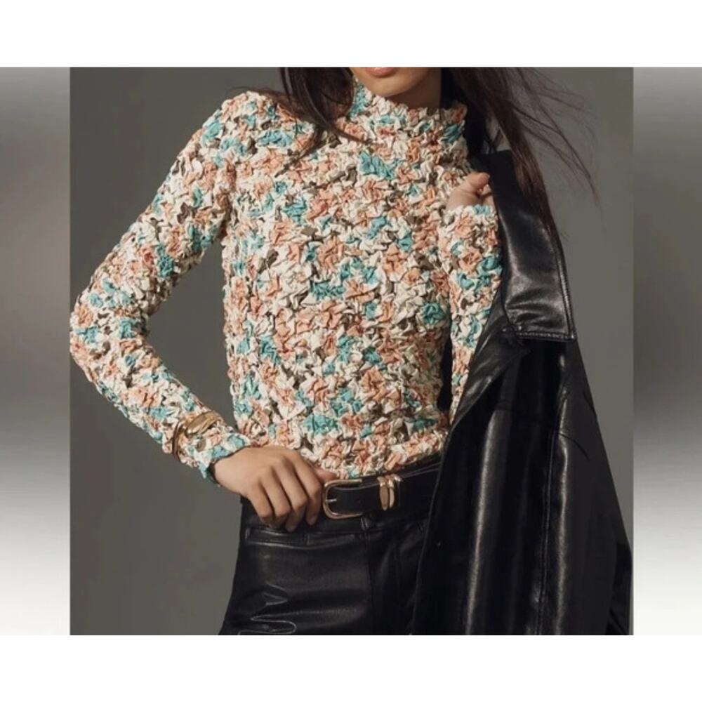 Dolan Printed Pebble-Smocked Turtleneck Womens S Peach Long Sleeve‎ Coquette